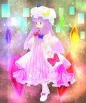  :&lt; bad_id bad_pixiv_id bangs blunt_bangs bow capelet crescent crystal expressionless full_body hair_bow hat highres hutaba123 jitome long_hair patchouli_knowledge pink_eyes purple_hair robe solo standing striped touhou vertical_stripes 