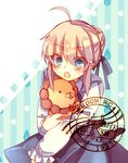  ahoge artoria_pendragon_(all) blonde_hair blue_eyes blush casual dress fate/stay_night fate_(series) green_eyes hair_ribbon kanasiinezimakineko ribbon saber solo stuffed_animal stuffed_lion stuffed_toy 