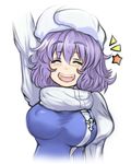  1girl arm_up bad_id bad_pixiv_id badge blush breasts closed_eyes covered_nipples ginji74 hat large_breasts lavender_hair letty_whiterock open_mouth scarf short_hair simple_background smile solo star touhou upper_body white_background 