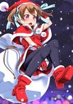  brown_hair christmas gloves hat miri_(ago550421) pantyhose red_eyes red_gloves sack santa_costume santa_hat short_hair short_twintails silica snow solo sword_art_online twintails 