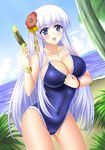  :d bad_id bad_pixiv_id beach blue_eyes blush bracelet breasts cameltoe chocolate_banana cleavage cloud covered_navel cross day flower hair_flower hair_ornament hibiscus highres jewelry large_breasts lavender_hair long_hair necklace ocean one-piece_swimsuit open_mouth original outdoors sexually_suggestive shibata_rai sky smile solo swimsuit thighs 