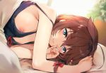  anthropomorphism aqua_eyes bed blush bow breasts brown_hair close kantai_collection nipple_slip nipples shigure_(kancolle) short_hair umakuchi_shouyu_(into-rain) waifu2x 