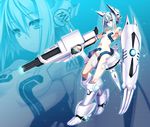  animal_ears armor blue_eyes breasts energy_gun exoskeleton fake_animal_ears glowing glowing_weapon hair_ornament laser_rifle mecha_musume medium_breasts navel original revealing_clothes riv shield short_hair silver_hair solo weapon zoom_layer 