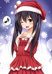  ;d black_hair brown_eyes haryuu_(poetto) highres k-on! long_hair nakano_azusa one_eye_closed open_mouth santa_costume smile solo twintails 