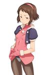  blush brown_hair buttons cosplay cropped_jacket crotch_plate earrings gloves hair_pulled_back hairband hands_together highres hyouka ibara_mayaka jewelry own_hands_together pantyhose pink_gloves pink_hairband puffy_sleeves red_eyes rockman rockman_dash short_hair simple_background skull solo tenchisouha tron_bonne tron_bonne_(cosplay) turtleneck white_background 