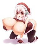  1girl all_fours aoinagi bare_shoulders blush breast_lift breasts breasts_outside christmas female gigantic_breasts gloves hat headphones long_hair nipples nitroplus open_mouth pink_hair red_eyes santa_costume santa_hat solo super_sonico thighhighs 