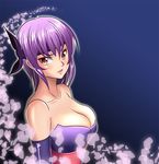  ayane_(doa) bad_id bad_pixiv_id bare_shoulders breasts cleavage dead_or_alive dress elbow_gloves gloves hair_ribbon headband large_breasts ninja obi petals purple_hair red_eyes ribbon sash short_hair solo strapless strapless_dress xyz_(kamikazejap) 