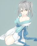  alp areola_slip areolae bare_shoulders between_legs blue_background finger_to_mouth flat_chest grey_hair hair_ribbon hand_between_legs japanese_clothes looking_at_viewer nipples oda_nobuna_no_yabou onmyouji ribbon short_hair simple_background solo takenaka_hanbee_(oda_nobuna_no_yabou) twintails yellow_eyes 