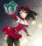  absurdres antlers arched_back bad_id bad_pixiv_id bare_shoulders black_legwear blue_eyes bow breasts brown_hair choker christmas cleavage collarbone deneb_(noble324) elbow_gloves fur_trim gift gloves hair_bow highres leaning_forward long_hair medium_breasts original outstretched_hand red_gloves smile solo thighhighs wrist_cuffs 