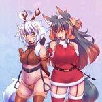  :d animal_costume animal_ears antlers belt brown_hair christmas garter_straps gradient_hair kuromiya kuromiya_raika long_hair multicolored_hair multiple_girls navel open_mouth original reindeer_antlers reindeer_costume reins riding_crop santa_costume shiromiya_asuka smile tail two-tone_hair white_hair yellow_eyes 