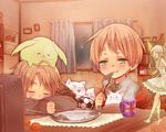  &gt;_&lt; 2boys :3 america_(hetalia) axis_powers_hetalia bad_id bad_pixiv_id blonde_hair closed_eyes creature fairy food fruit green_eyes kotatsu mandarin_orange moon multiple_boys night open_mouth orange room shiranabe short_hair sleeping smile sweater table television telstar united_kingdom_(hetalia) 