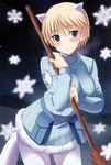  absurdres animal_ears belt_pouch blonde_hair blue_eyes blush brave_witches breath broom doujinshi ferret_ears ferret_tail fur fur_trim highres holding kyougoku_shin looking_at_viewer night night_sky nikka_edvardine_katajainen non-web_source outdoors pantyhose pouch ribbed_sweater scan short_hair sky snow snowflakes solo star_(sky) starry_sky sweater tail turtleneck white_legwear winter winter_clothes world_witches_series 