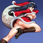  aozoraichi ass black_hair boots breasts cleats high_heels highres large_breasts long_hair no_panties original pussy sack santa_costume shoes smile solo underboob yellow_eyes 