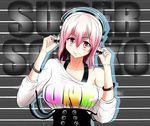  bad_id bad_pixiv_id bangle bare_shoulders bracelet breasts clothes_writing corset headphones jewelry large_breasts long_hair nitroplus pink_eyes pink_hair smile solo super_sonico xyz_(kamikazejap) 