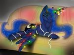  blue_hair christmas_lights cutie_mark equine eyes_closed female feral friendship_is_magic groovebird hair horn horse long_hair mammal my_little_pony pony princess_luna_(mlp) royalty smile sofa solo tinsel winged_unicorn wings 