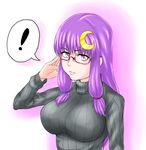  1girl adjusting_eyewear anubis_(anubiszoe) bespectacled breasts crescent crescent_hair_ornament glasses hair_ornament huge_breasts impossible_clothes impossible_sweater long_hair patchouli_knowledge purple_eyes purple_hair red-framed_eyewear ribbed_sweater semi-rimless_eyewear sidelocks solo sweater touhou turtleneck under-rim_eyewear 
