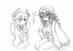  :t blush breasts coat demon_girl eating glasses greyscale horns long_hair maou_beluzel medium_breasts messy_hair monochrome multiple_girls overcoat seiza semi-rimless_eyewear simple_background sitting sketch skull track_suit translated uten white_background yonezawa_natsumi yuusha_to_maou 