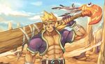  belt biceps blonde_hair blue_eyes breath_of_fire clothing cray frown hair male muscles open_shirt pecs pockyrumz shirt solo tattoo weapon 