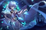  animal bird blue blue_eyes blue_hair book building dress mage magic night original short_hair silhouette sky wings yuzhi 