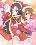  ;d bag belt black_hair bow box brown_eyes brown_gloves brown_hair buckle christmas dress elbow_gloves frills gift gift_box gloves grin hagiwara_yukiho hair_ornament hat idolmaster idolmaster_(classic) kikuchi_makoto multiple_girls navel one_eye_closed open_mouth red_gloves santa_costume santa_hat short_hair skirt smile snowflake_hair_ornament snowflakes star yokke 