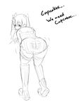  ass ass_shake bent_over boots borrowed_character cupcake cupcake-chan food greyscale grin hamblasto knee_boots long_hair mismatched_legwear monochrome original single_thighhigh sketch smile solo thigh_strap thighhighs twintails 