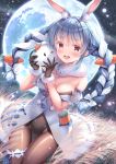  1girl :d animal_ear_fluff animal_ears bangs bare_shoulders black_gloves black_leotard blue_hair blush braid breasts brown_legwear bunny_ears commentary_request detached_sleeves don-chan_(usada_pekora) dress eyebrows_visible_through_hair full_moon fur-trimmed_dress fur-trimmed_gloves fur_trim gloves groin hair_between_eyes hands_up highres hololive leotard looking_at_viewer medium_breasts moon multicolored_hair night night_sky open_mouth outdoors pantyhose puffy_short_sleeves puffy_sleeves red_eyes shirakawako short_eyebrows short_sleeves sky smile star_(sky) starry_sky strapless strapless_dress strapless_leotard thick_eyebrows twin_braids twintails two-tone_hair upper_teeth usada_pekora virtual_youtuber wheat_field white_dress white_hair white_sleeves 