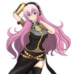  bad_id bad_pixiv_id belt blue_eyes blush breasts dress hands_in_hair headphones large_breasts long_hair megurine_luka multiple_belts pink_hair smile solo thighhighs very_long_hair vocaloid xyz_(kamikazejap) 