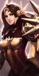  breastplate brown_eyes brown_hair ear_protection forehead_protector jang_ju_hyeon league_of_legends leona_(league_of_legends) lips long_hair shield solo 