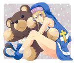  blonde_hair blue_eyes blue_footwear boots bridget_(guilty_gear) cross guilty_gear legs looking_at_viewer male_focus muumin_(kissling) nun otoko_no_ko roger solo stuffed_animal stuffed_toy teddy_bear 