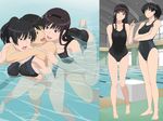 1boy 2girls amagami bare_shoulders barefoot black_eyes black_hair blue_eyes blush breast_squeeze breasts cottage feet girl_sandwich highres hug long_hair looking_at_viewer morishima_haruka multiple_girls open_mouth ponytail pool sandwiched smile standing swimming swimsuit threesome toes tsukahara_hibiki water 
