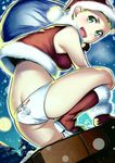  ass back-print_panties blush boots butt_crack chimney christmas crescent_moon dutch_angle green_eyes hat knee_boots merry_christmas moon no_pants original panties print_panties sack santa_costume santa_hat smile solo twinpoo underwear 