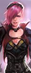  blue_eyes breasts cleavage collar downscaled face freckles goggles hair_over_one_eye highres jang_ju_hyeon league_of_legends lips looking_at_viewer md5_mismatch medium_breasts pink_hair resized short_hair smile solo vi_(league_of_legends) 