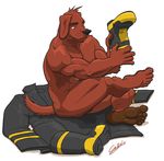  abs anthro biceps boots brown_eyes brown_fur canine chestnuts_(artist) clothing dog firefighter firefighter_boots firefighter_uniform flaccid footwear fur gus hindpaw jacket male mammal muscles nude paws pecs penis pose sitting solo toes undressing uniform 