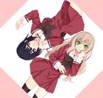  black_hair blonde_hair colored_eyelashes green_eyes kawamura_reo kirisato_itsuki long_hair multiple_girls oekaki pink_eyes rotational_symmetry sawaguchi_mai school_uniform short_hair simple_background smile sono_hanabira_ni_kuchizuke_wo st._michael's_school_uniform thighhighs zettai_ryouiki 