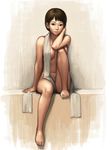  1girl barefoot breasts brown_eyes brown_hair covering female highres navel nude original short_hair sideboob sitting solo topless towel yoshikawa_hazure 