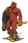  anthro axe balls biceps boots brown_eyes brown_fur canine chestnuts_(artist) clothing dog firefighter firefighter_boots firefighter_uniform firehose flaccid footwear fur gus half-erect handsome hose hunk jacket male mammal manful manly muscles nipples nude pecs penis pose solo standing uncut uniform vein virility weapon 
