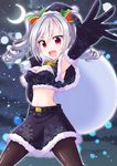  :d black_legwear black_santa_costume bococho breasts cleavage crescent_moon gloves grey_hair hat idolmaster idolmaster_cinderella_girls kanzaki_ranko medium_breasts moon open_mouth outstretched_arm pantyhose red_eyes santa_costume santa_hat smile solo 