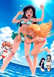  aragaki_ayase barefoot bikini black_hair blue_hair brown_sarong closed_eyes gokou_ruri grin hands_on_hips highres horiguchi_hiroshi hug kousaka_kirino kurusu_kanako long_hair long_legs makishima_saori multiple_girls navel ocean one-piece_swimsuit orange_hair ore_no_imouto_ga_konna_ni_kawaii_wake_ga_nai print_sarong purple_eyes purple_hair red_eyes red_hair sarong smile sun swimsuit twintails wading wardrobe_malfunction water 