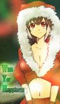  alternate_costume blazblue breasts brown_eyes brown_hair christmas cleavage engrish gloves hood jacket large_breasts makoto_nanaya midriff multicolored_hair navel no_bra ranguage red_gloves santa_costume short_hair skirt solo two-tone_hair zone_rr 