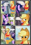  &lt;3 angry applejack_(mlp) big_breasts blonde_hair breasts cleavage clothed clothing comic cowboy_hat dialogue el-loko english_text equine freckles friendship_is_magic green_eyes hair hat horn horse house multi-colored_hair my_little_pony navel orange_skin outside pony purple_eyes purple_skin shorts skirt standing surprise text trophy twilight_sparkle_(mlp) unicorn 