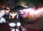  agent_(ikuoikuo) breast_bondage breasts cape crazy_eyes green_eyes grin gun handgun hat highres lavender_hair medium_breasts revolver short_hair smile solo sunglasses weapon witch_(zero_in) witch_hat zero_in 