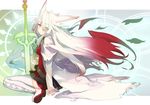  animal_ears aty_(summon_night) belt boots gradient_hair green_eyes multicolored_hair red_hair ribbed_sweater shirabi sitting solo summon_night summon_night_3 sweater sword thigh_boots thighhighs weapon white_footwear white_hair 