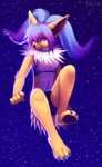  big_ears claws clothed clothing collar eeveelution falvie female floating hair hair_ornament hair_tie jolteon long_hair looking_at_viewer nintendo pigtails pok&#233;mon pok&eacute;mon purple_eyes purple_hair shorts smile solo sports_bra stars video_games watermark 