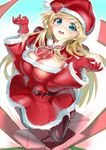  aldehyde belt blonde_hair blue_eyes blush box breasts christmas cleavage gift gift_box gloves hat large_breasts long_hair long_sleeves open_mouth original pantyhose red_gloves santa_costume santa_hat solo very_long_hair wide_sleeves 