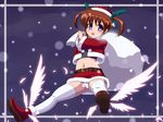  belt blush brown_hair buckle christmas feathers hair_ribbon hat long_sleeves lyrical_nanoha mahou_shoujo_lyrical_nanoha midriff navel open_mouth panties purple_eyes ribbon sack santa_costume santa_hat short_twintails snow solo takamachi_nanoha thighhighs twintails underwear white_legwear wide_sleeves wings yosuzu 