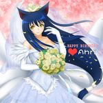  ahri animal_ears bare_shoulders blue_hair blush bouquet breasts bridal_veil character_name cleavage dress elbow_gloves flower fox_ears fox_tail gloves happy_birthday heart jewelry league_of_legends long_hair low-tied_long_hair medium_breasts multiple_tails petals ring rose smile solo tail tears tonnelee veil very_long_hair wedding_band wedding_dress yellow_eyes yellow_flower yellow_rose 