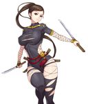  black_legwear breasts brown_eyes brown_hair covered_nipples curvy dagger dual_wielding fishnets gonster holding large_breasts leotard long_hair looking_at_viewer ninja original ponytail simple_background solo thighhighs very_long_hair weapon white_background 