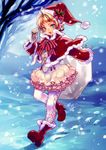  blonde_hair blue_eyes christmas gloves hat highres original santa_costume santa_hat short_hair skirt snow solo tamachi_kuwa tree 