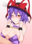  1girl bare_shoulders blush bow bowtie breast_squeeze breasts bunny_girl bunnysuit chains cleavage cum cum_on_body cum_on_breasts cum_on_upper_body hat highres large_breasts nagae_iku paizuri penis poshi_(ginmokusei) purple_hair red_eyes short_hair simple_background sweat touhou uncensored wink 
