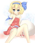  alice_margatroid alice_margatroid_(pc-98) blonde_hair blue_eyes blue_hairband blush bow christmas hair_bow hair_ornament hair_ribbon hairband panties ribbon sack santa_costume short_hair sitting skirt solo touhou touhou_(pc-98) umi_suzume underwear white_panties 